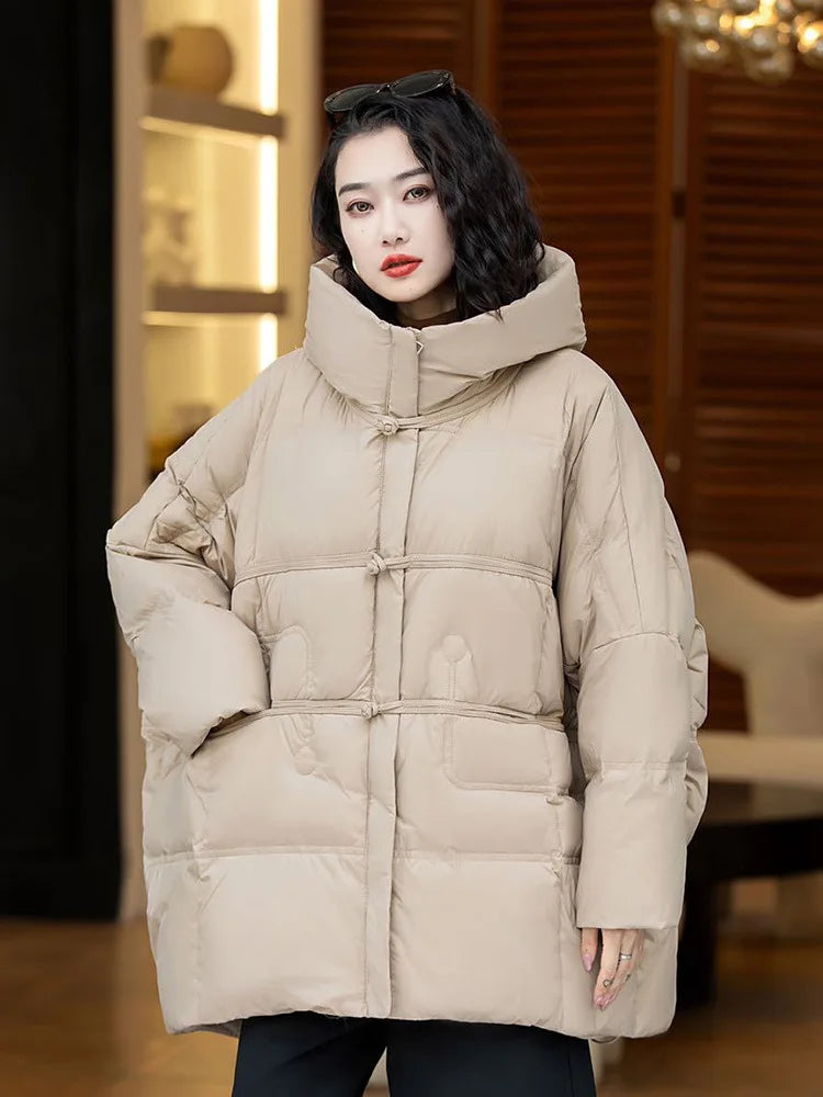 Veste en duvet de canard blanc avec capuche pour femme, vêtements d'extérieur décontractés, manteau vintage, surdimensionné, chaud, automne, hiver, nouveau, 2024