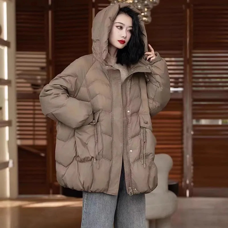 Lagabogy 2025 femmes automne hiver Style Vintage ample décontracté mi-long à capuche chaud manteau femme 90% blanc canard doudoune