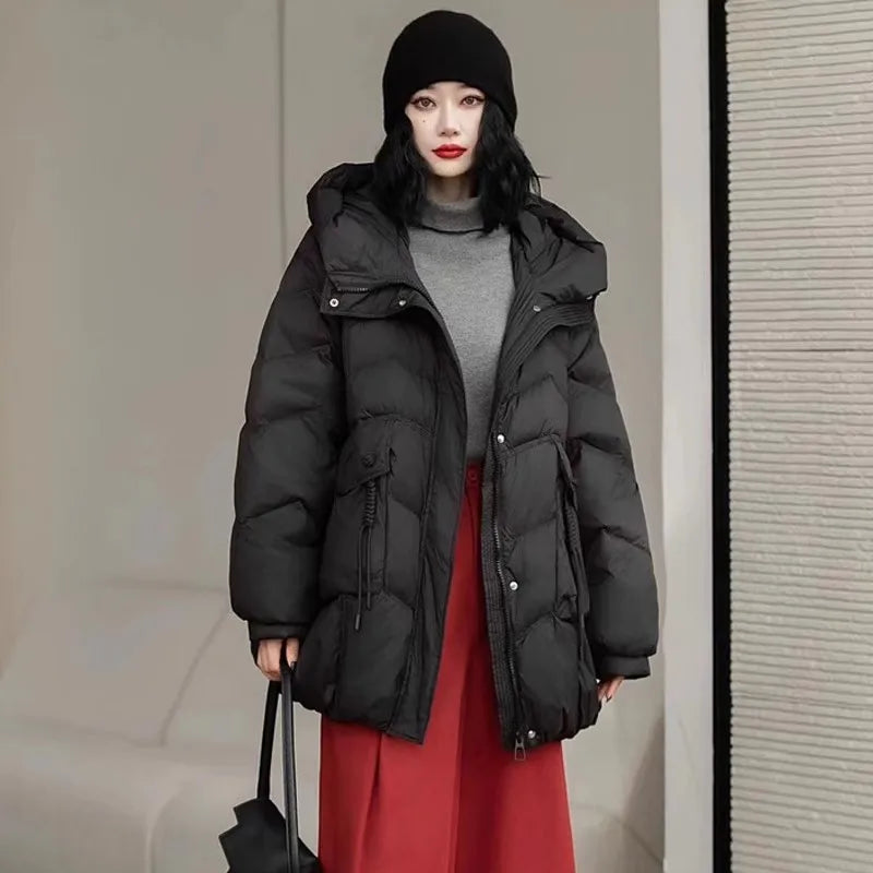 Lagabogy 2025 femmes automne hiver Style Vintage ample décontracté mi-long à capuche chaud manteau femme 90% blanc canard doudoune