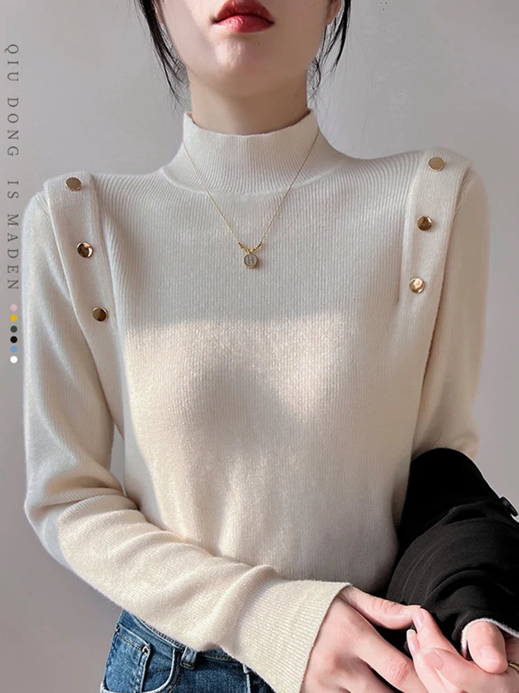 Pull à col roulé à manches longues pour femmes, boutons coréens, pulls minces doux et chauds, tricots féminins, monochromatique, automne, hiver