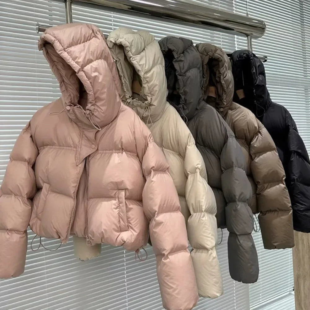 Veste en duvet de canard blanc avec capuche pour femme, manteau chaud surdimensionné, vêtements d'extérieur optiques courts décontractés, nouvelle mode, automne et hiver 2024