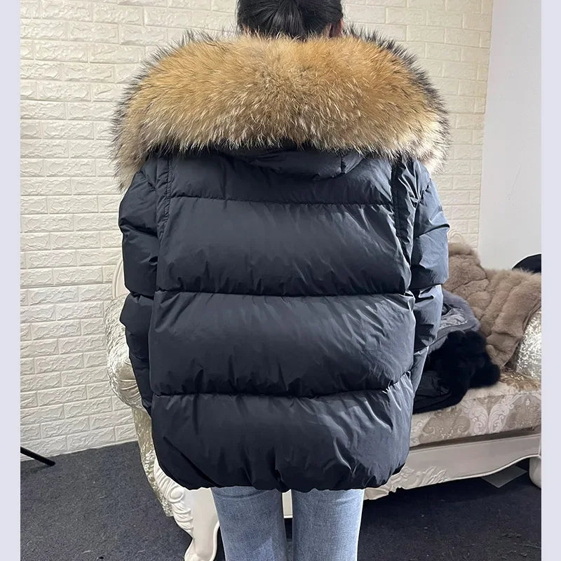 MAOMAOKONG 2024 blanc canard doudoune hiver femmes chaud manteau ample naturel réel col de fourrure de renard épais vêtements d'extérieur de luxe parkas