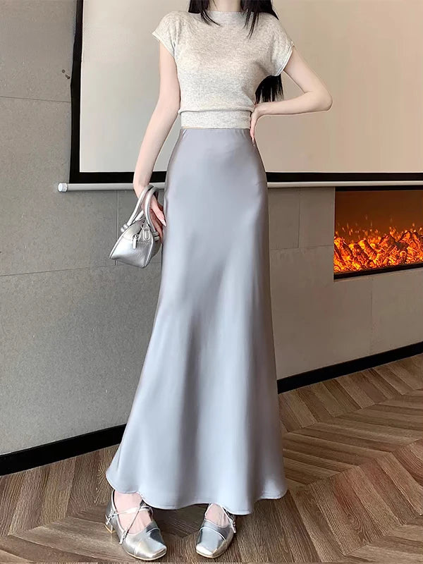 Jupe longue en satin taille haute pour femme, jupe midi, mince, monochromatique, champagne, noir, mode coréenne, été, 2024