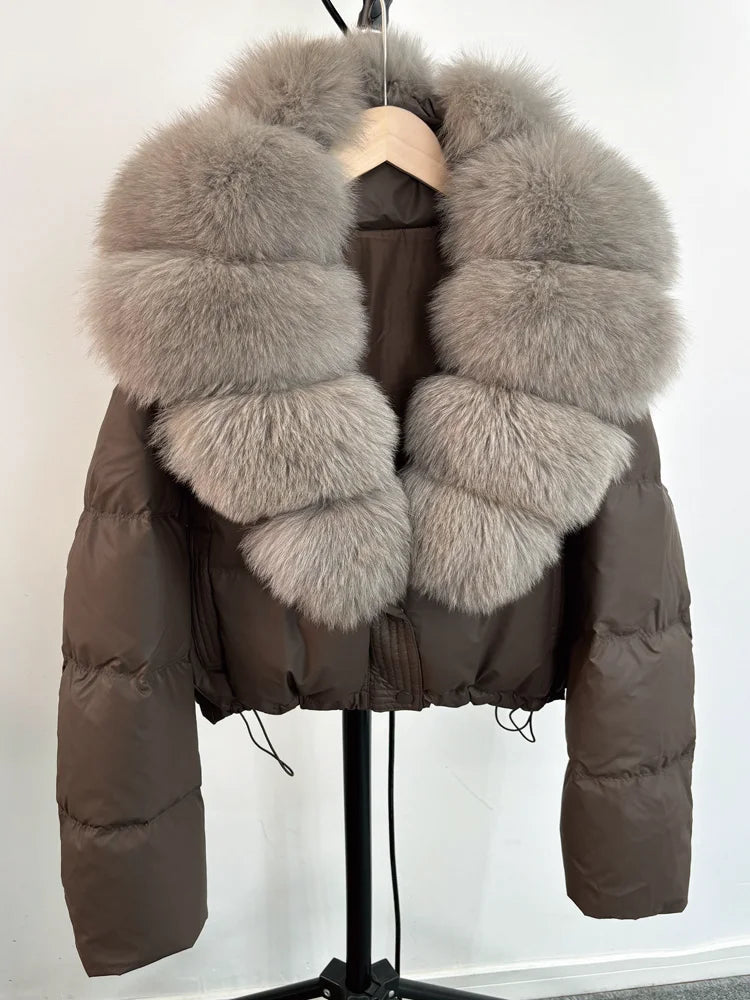 Janveny grand col en fourrure de renard naturel 90% duvet de canard blanc femmes hiver court imperméable PU manteau bouffant femme épais Parkas