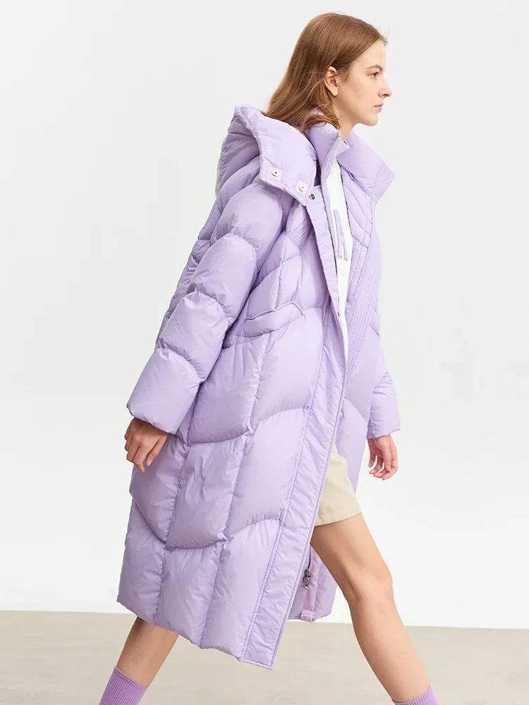 AMII-Doudoune longue à capuche en duvet de canard pour femme, manteau d'hiver pour femme, fermeture éclair, bureau, 2023, nouveau, 12324027