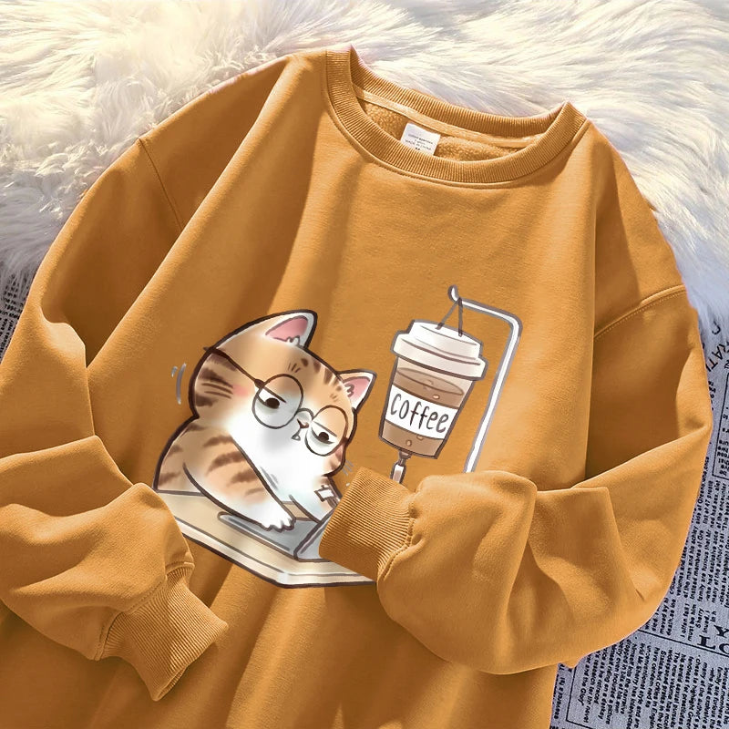 Travailer les chats qui ne peuvent pas faire sans café femmes à capuche ample confortable sweats à capuche Harajuku polaire à capuche mode automne hommes haut