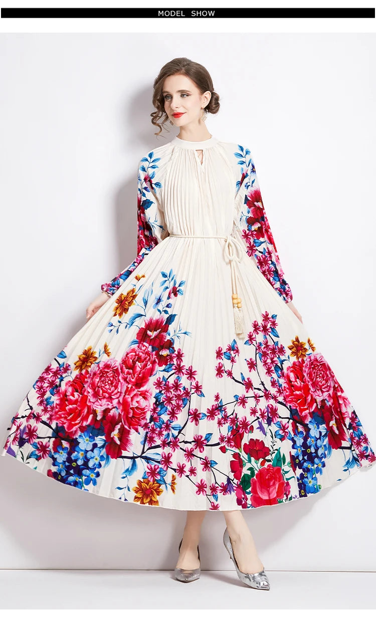 JAMERARY-Robe longue à imprimé floral pour femme, manches longues lanterne, paon de vacances, robe de soirée, robe de soirée, mode éducative, automne