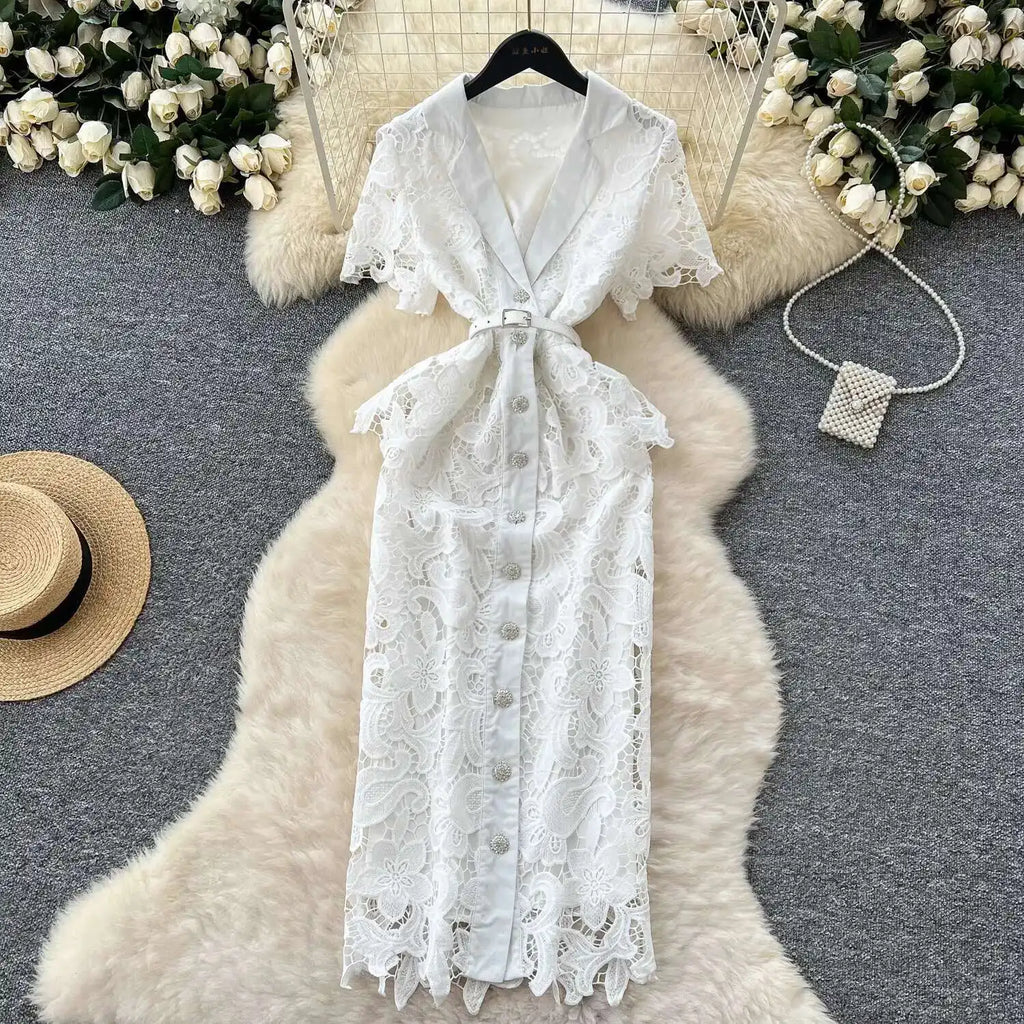 Robe de soirée longue en dentelle pour femmes, élégante, avec crochet brodé, ajouré, vacances d'été, manches courtes, portefeuille, robe mi-longue de fête