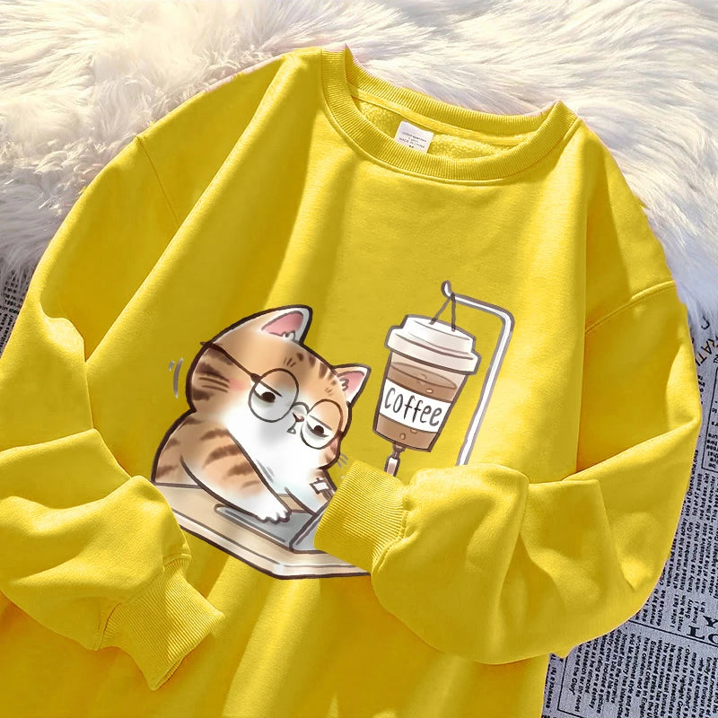Travailer les chats qui ne peuvent pas faire sans café femmes à capuche ample confortable sweats à capuche Harajuku polaire à capuche mode automne hommes haut