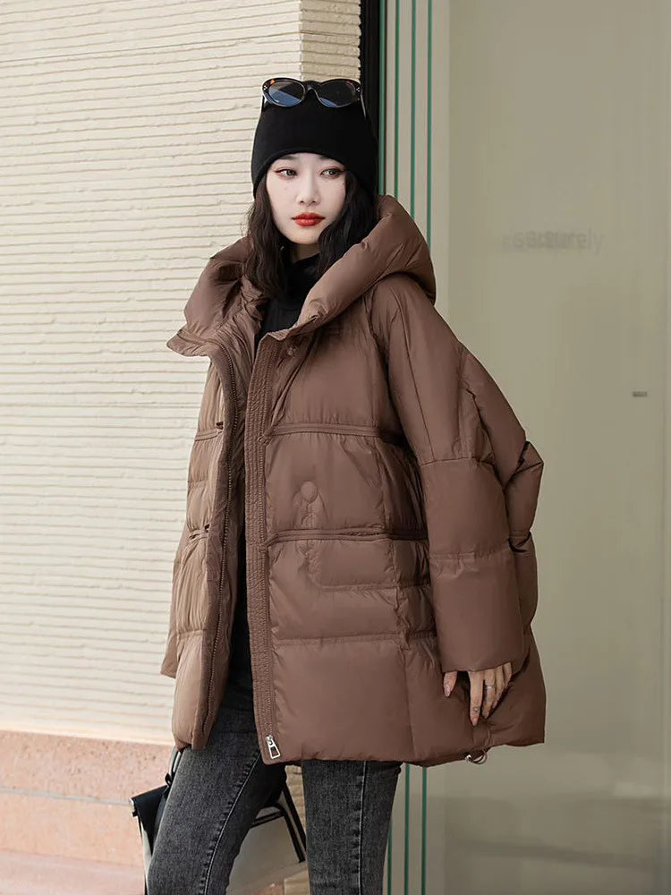 Veste en duvet de canard blanc avec capuche pour femme, vêtements d'extérieur décontractés, manteau vintage, surdimensionné, chaud, automne, hiver, nouveau, 2024