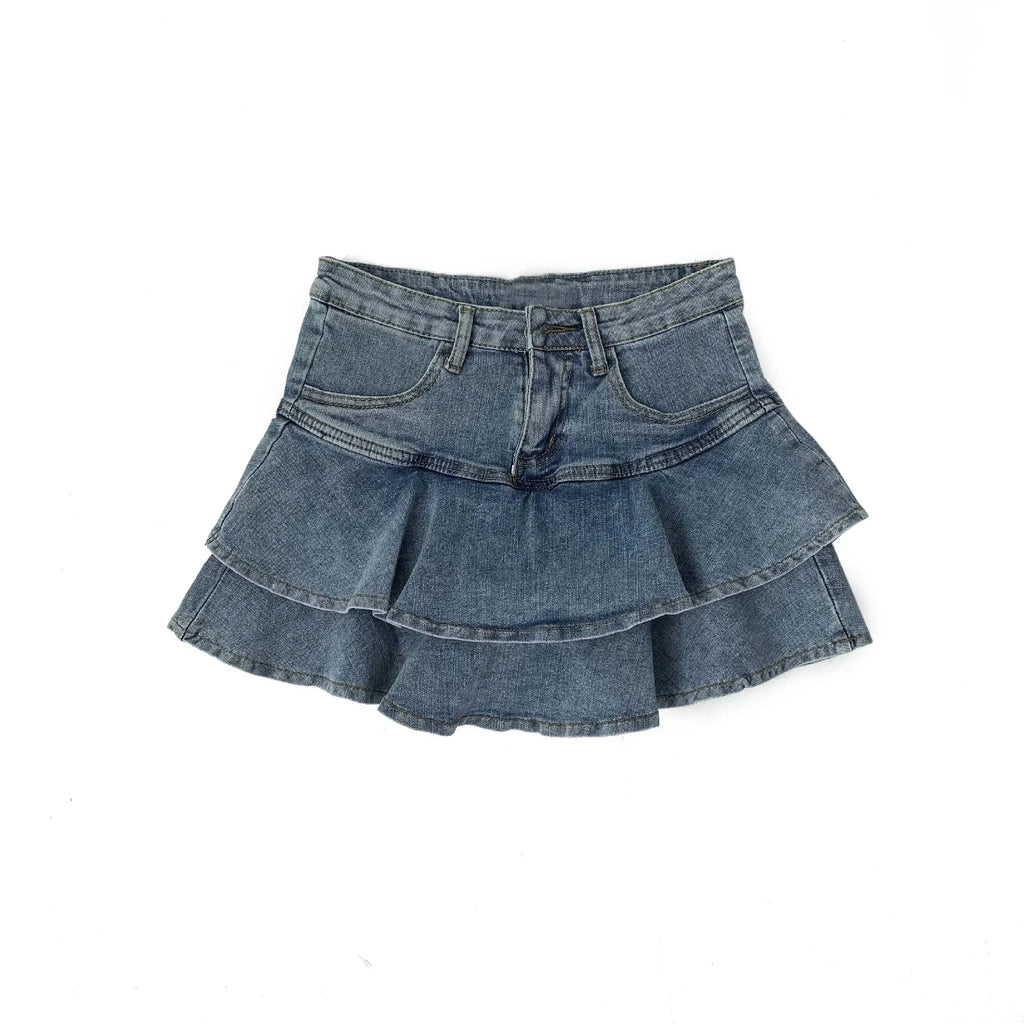 Jupe courte en jean à volants, double couche, polyvalente, gâteau, haute audiminceur, anti-absorbe ouissement, ultra courte, printemps été