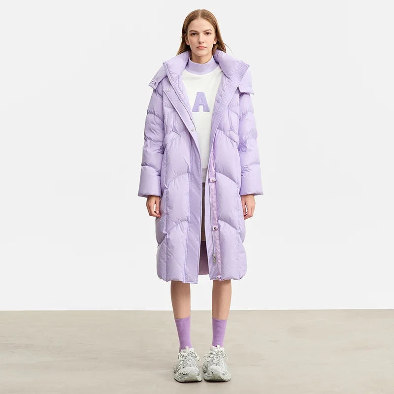 AMII-Doudoune longue à capuche en duvet de canard pour femme, manteau d'hiver pour femme, fermeture éclair, bureau, 2023, nouveau, 12324027