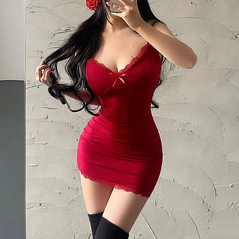 Mini robe Sexy en dentelle sans manches pour femmes, slim, écharpe rouge, courte, Club, été, noire, moulante, robes de fête pour filles
