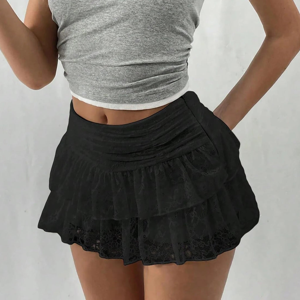 Hirigin-Mini jupe trapèze en dentelle florale à volants pour femmes, volants à plusieurs niveaux, fluide, mignon, été