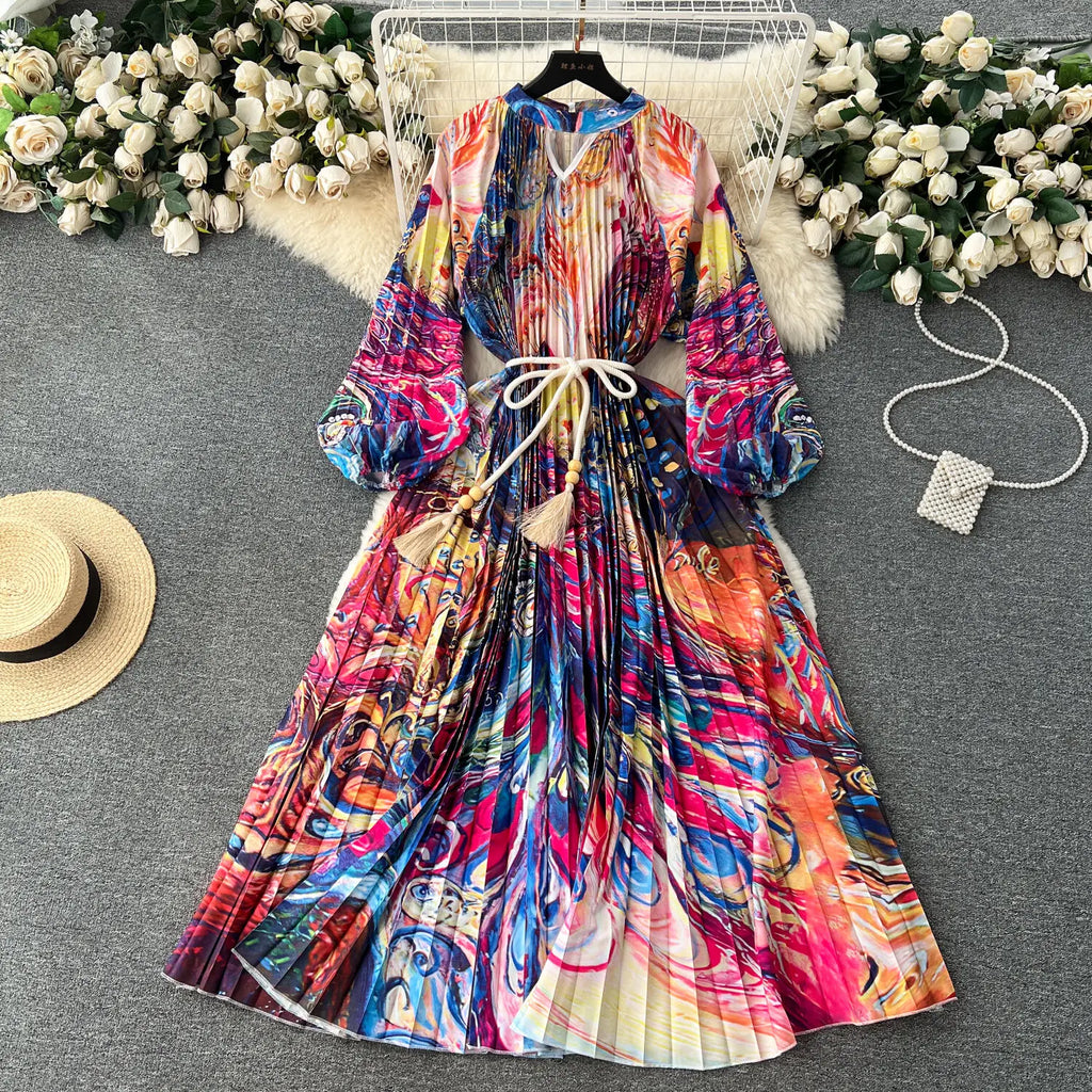 JAMERARY-Robe longue à imprimé floral pour femme, manches longues lanterne, paon de vacances, robe de soirée, robe de soirée, mode éducative, automne