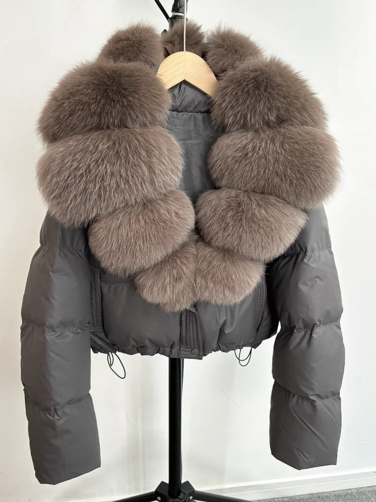 Janveny grand col en fourrure de renard naturel 90% duvet de canard blanc femmes hiver court imperméable PU manteau bouffant femme épais Parkas