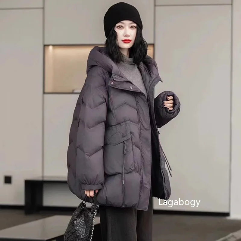 Lagabogy 2025 femmes automne hiver Style Vintage ample décontracté mi-long à capuche chaud manteau femme 90% blanc canard doudoune