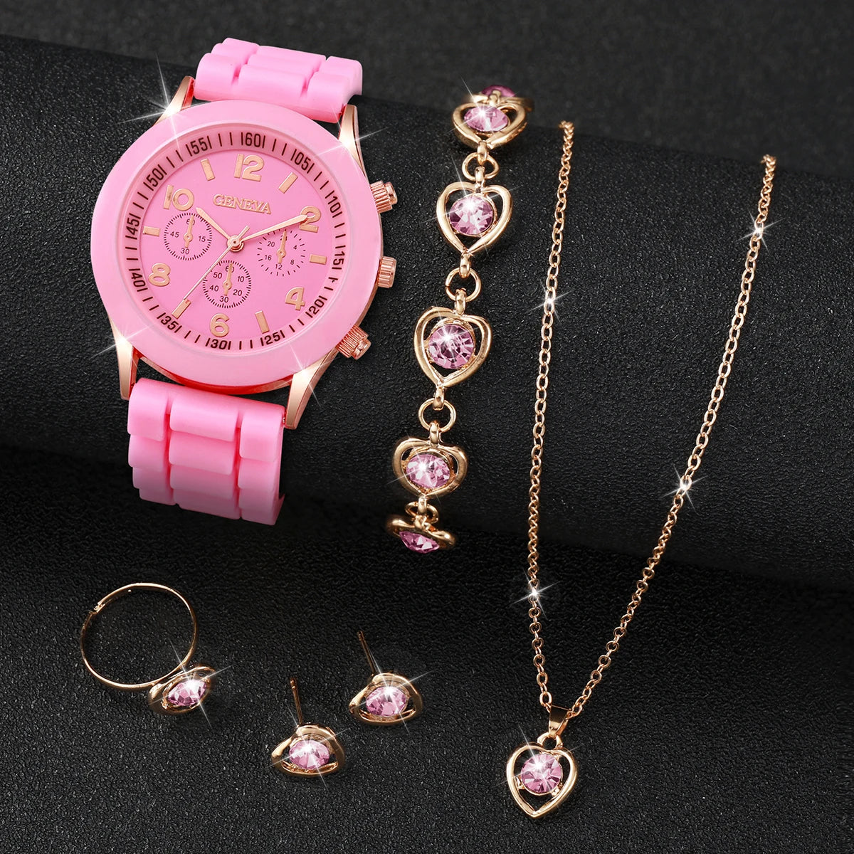 Montre à quartz analogique décontractée pour femme, bracelet en silicone, biscuits, ensemble de bijoux coeur, sans boîte, 6 pièces par ensemble