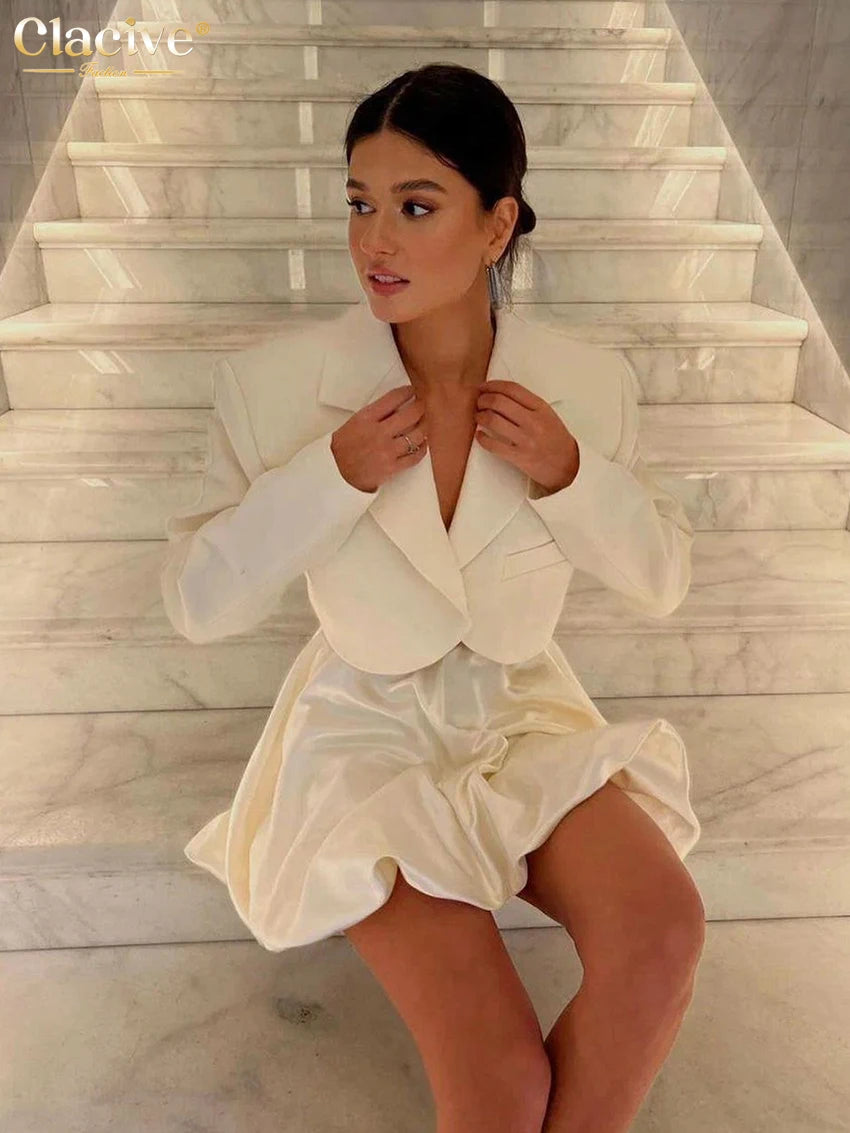 ClacMarkets-Mini jupe plissée en satin beige pour femme, taille haute, élégante, décontractée, à la mode, vêtements féminins, 2023