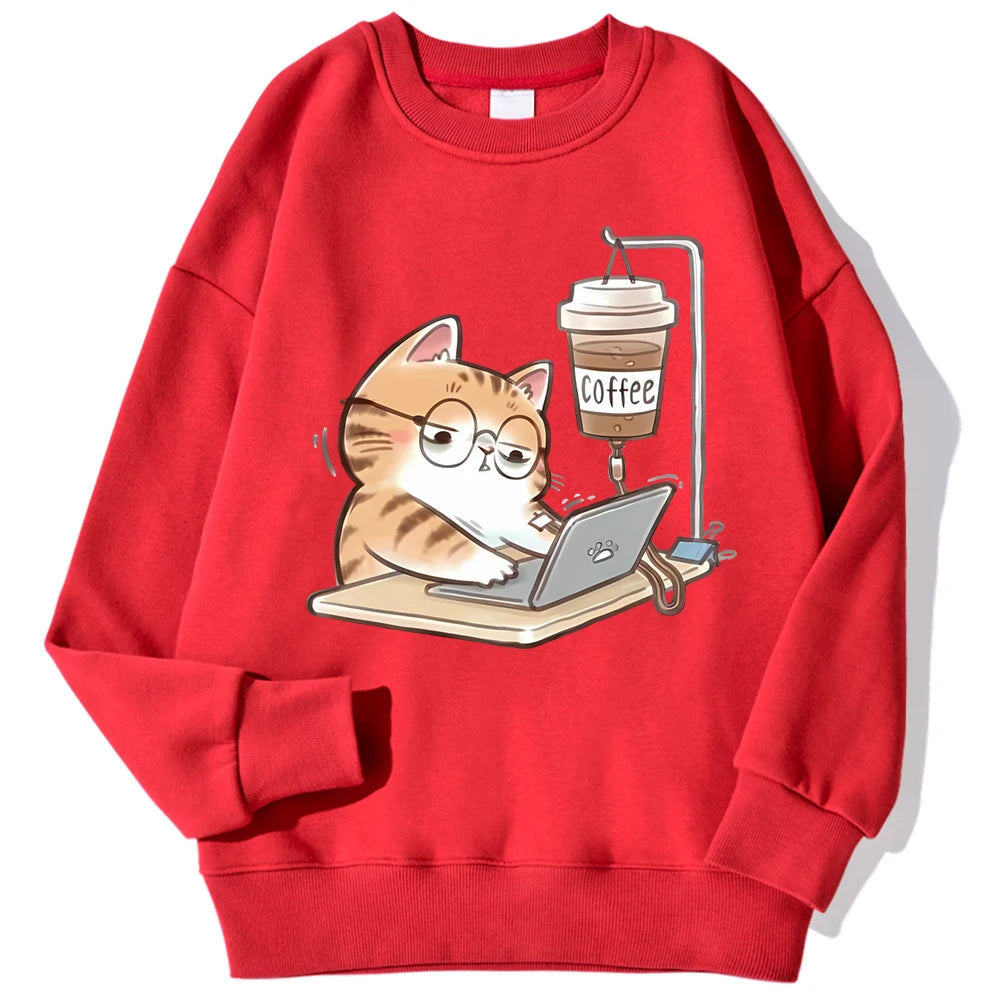 Travailer les chats qui ne peuvent pas faire sans café femmes à capuche ample confortable sweats à capuche Harajuku polaire à capuche mode automne hommes haut