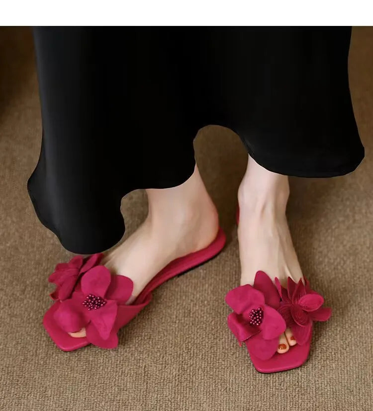 Pantoufles d'été plates pour femmes, grande taille, style coréen, à la mode, élégantes, à fleurs, pour dames, 2024