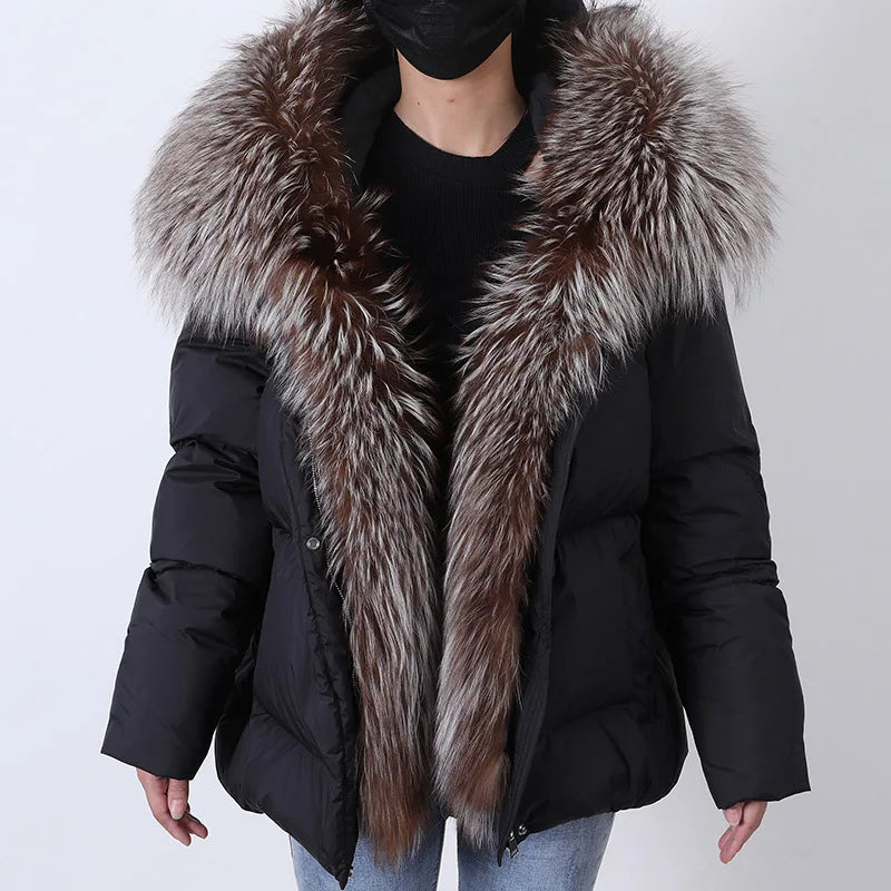 MAOMAOKONG 2024 blanc canard doudoune hiver femmes chaud manteau ample naturel réel col de fourrure de renard épais vêtements d'extérieur de luxe parkas