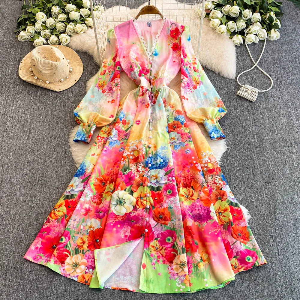 Robe longue en coton et lin à fleurs pour femmes, manches longues, dentelle, col en V, simple boutonnage, robe de soirée élégante, printemps, automne, 2025