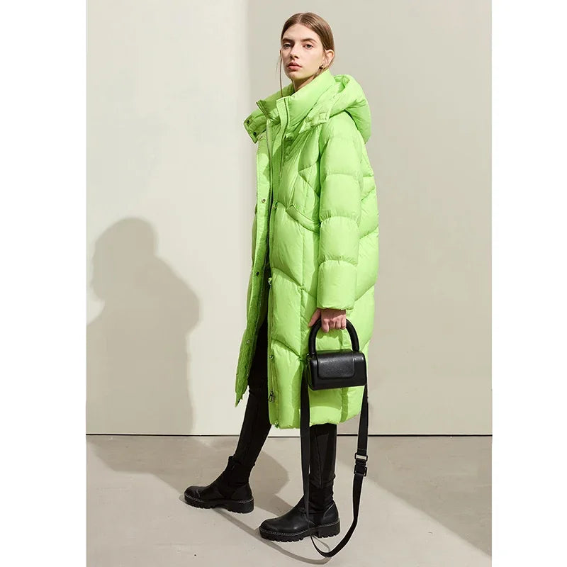 AMII-Doudoune longue à capuche en duvet de canard pour femme, manteau d'hiver pour femme, fermeture éclair, bureau, 2023, nouveau, 12324027