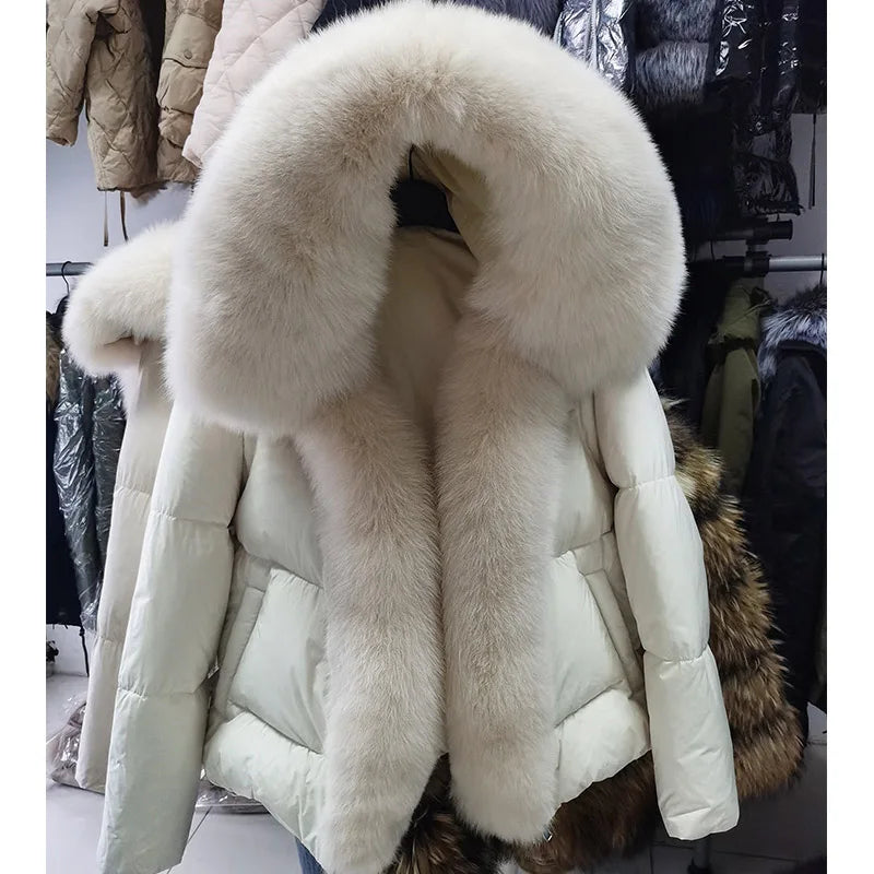 MAOMAOKONG 2024 blanc canard doudoune hiver femmes chaud manteau ample naturel réel col de fourrure de renard épais vêtements d'extérieur de luxe parkas