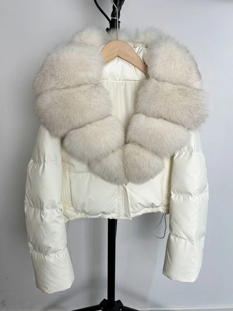 Janveny grand col en fourrure de renard naturel 90% duvet de canard blanc femmes hiver court imperméable PU manteau bouffant femme épais Parkas