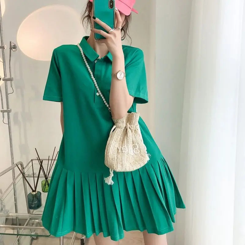 Mini Robe Plissée à Manches Courtes et Col Polo pour Femme, Vêtement Assressentià Tout, Couleur Unie, Grande Taille, Mode Décontractée, Nouvelle Collection Été