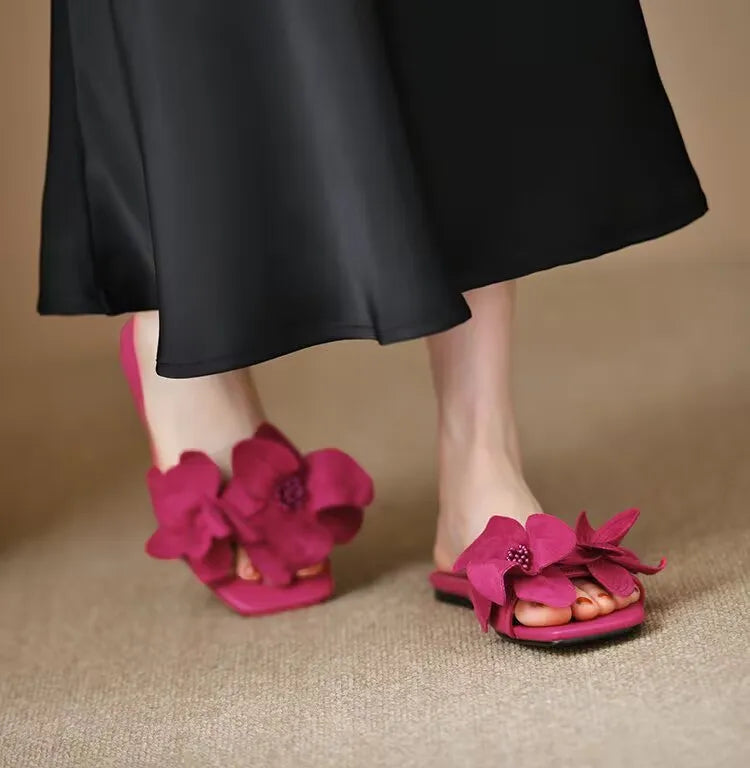 Pantoufles d'été plates pour femmes, grande taille, style coréen, à la mode, élégantes, à fleurs, pour dames, 2024