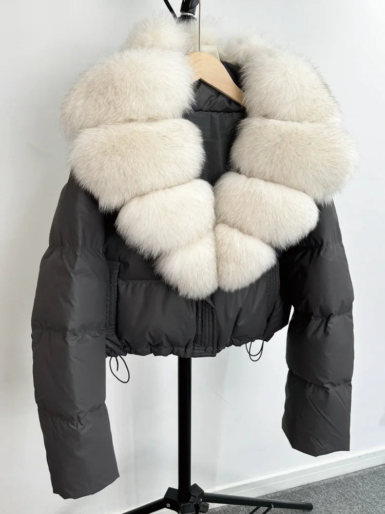 Janveny grand col en fourrure de renard naturel 90% duvet de canard blanc femmes hiver court imperméable PU manteau bouffant femme épais Parkas
