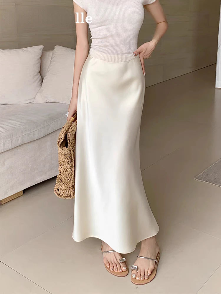 Jupe longue en satin taille haute pour femme, jupe midi, mince, monochromatique, champagne, noir, mode coréenne, été, 2024