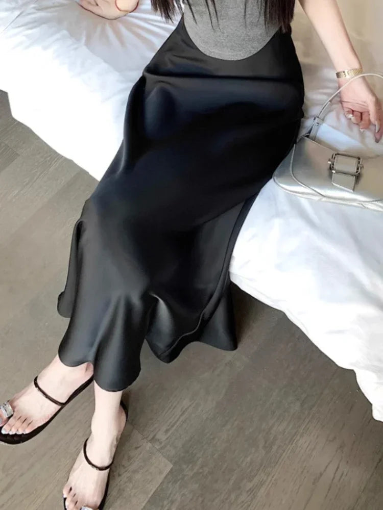 Jupe longue en satin taille haute pour femme, jupe midi, mince, monochromatique, champagne, noir, mode coréenne, été, 2024