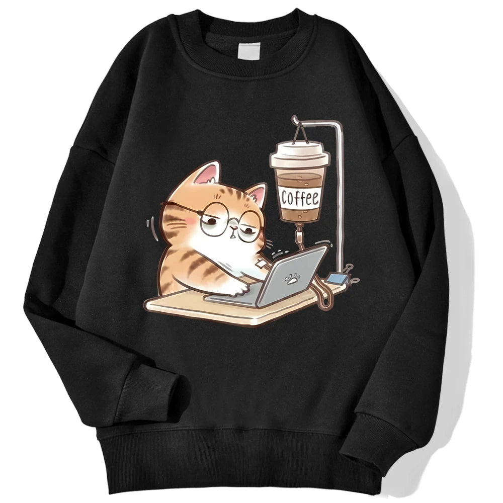 Travailer les chats qui ne peuvent pas faire sans café femmes à capuche ample confortable sweats à capuche Harajuku polaire à capuche mode automne hommes haut