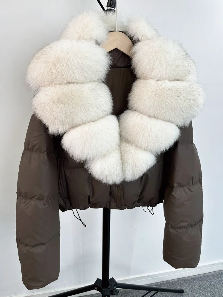 Janveny grand col en fourrure de renard naturel 90% duvet de canard blanc femmes hiver court imperméable PU manteau bouffant femme épais Parkas