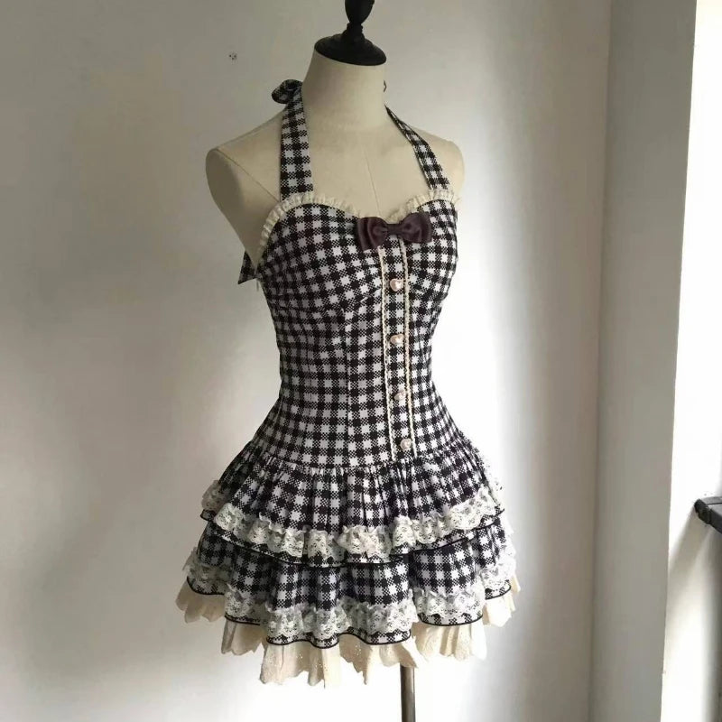 Robe Lolita en dentelle pour femmes, Style gothique japonais, avec nœud rayé, chemise à bandes, Slim, esthétique Y2k, Mini robes de soirée, Design