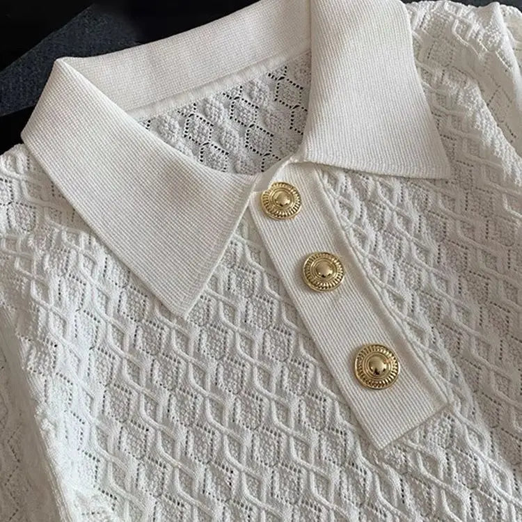 Polo français en soie glacée pour femmes, haut de gamme, Chic, fin, Unique, tricoté en Jacquard, manches courtes, ample, blanc, été