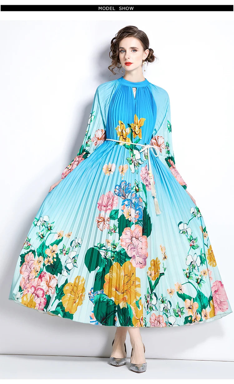 JAMERARY-Robe longue à imprimé floral pour femme, manches longues lanterne, paon de vacances, robe de soirée, robe de soirée, mode éducative, automne