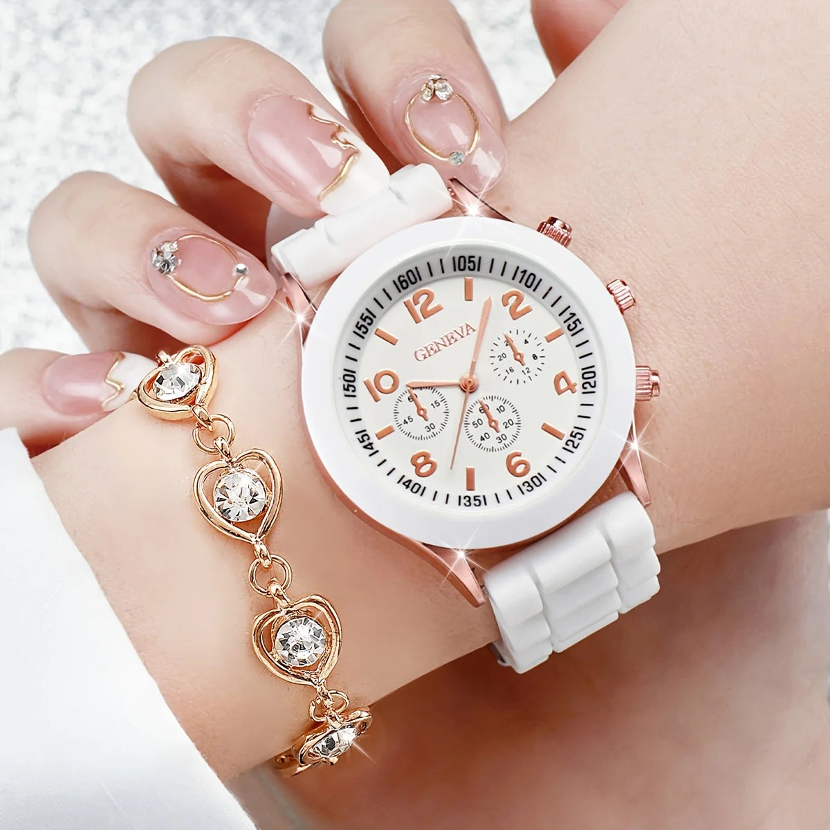 Montre à quartz analogique décontractée pour femme, bracelet en silicone, biscuits, ensemble de bijoux coeur, sans boîte, 6 pièces par ensemble