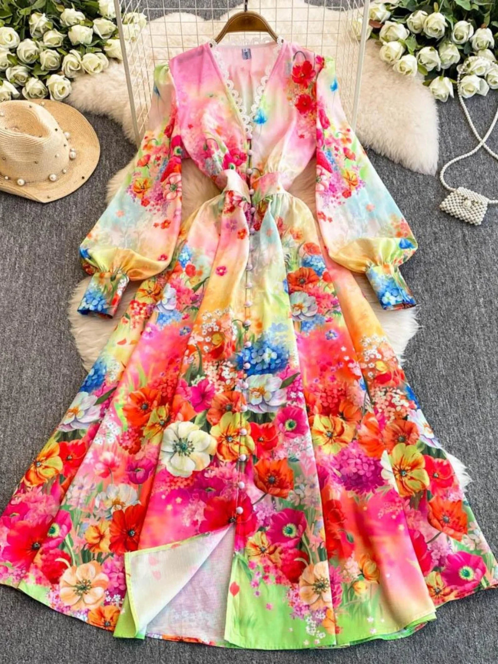 Robe longue en coton et lin à fleurs pour femmes, manches longues, dentelle, col en V, simple boutonnage, robe de soirée élégante, printemps, automne, 2025