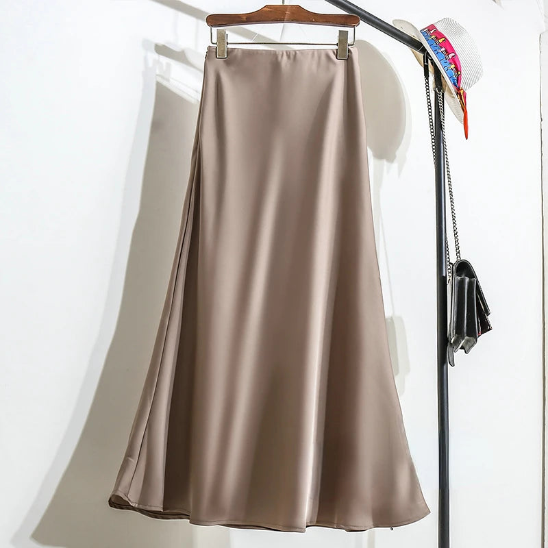 Jupe longue en satin taille haute pour femme, jupe midi, mince, monochromatique, champagne, noir, mode coréenne, été, 2024