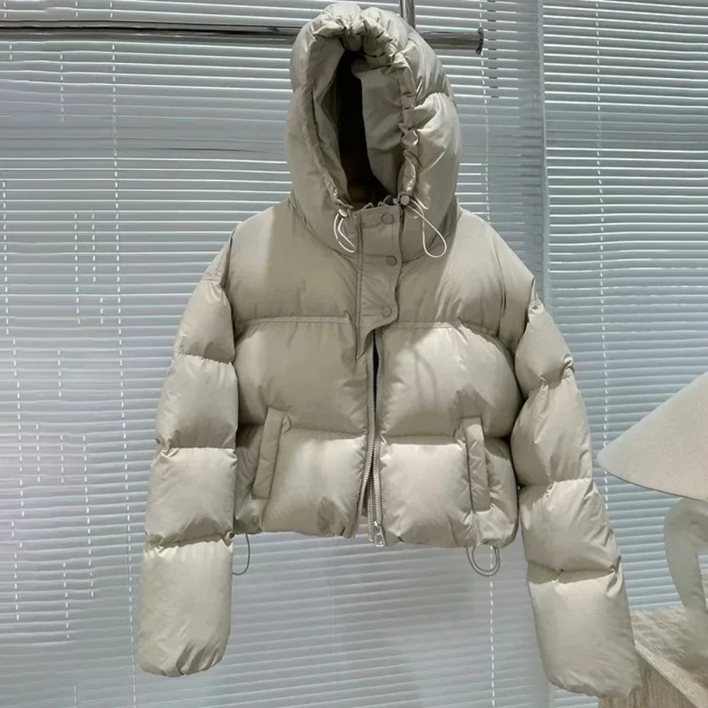 Veste en duvet de canard blanc avec capuche pour femme, manteau chaud surdimensionné, vêtements d'extérieur optiques courts décontractés, nouvelle mode, automne et hiver 2024
