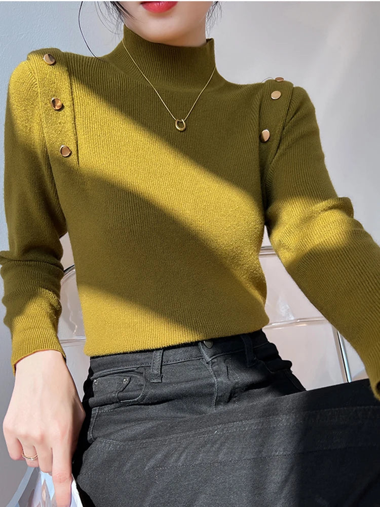 Pull à col roulé à manches longues pour femmes, boutons coréens, pulls minces doux et chauds, tricots féminins, monochromatique, automne, hiver