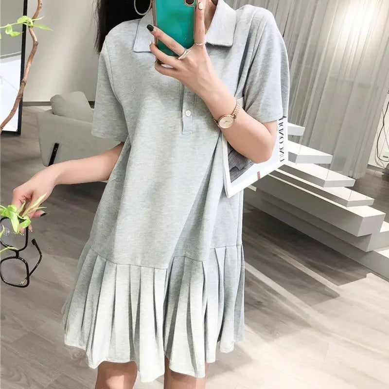 Mini Robe Plissée à Manches Courtes et Col Polo pour Femme, Vêtement Assressentià Tout, Couleur Unie, Grande Taille, Mode Décontractée, Nouvelle Collection Été