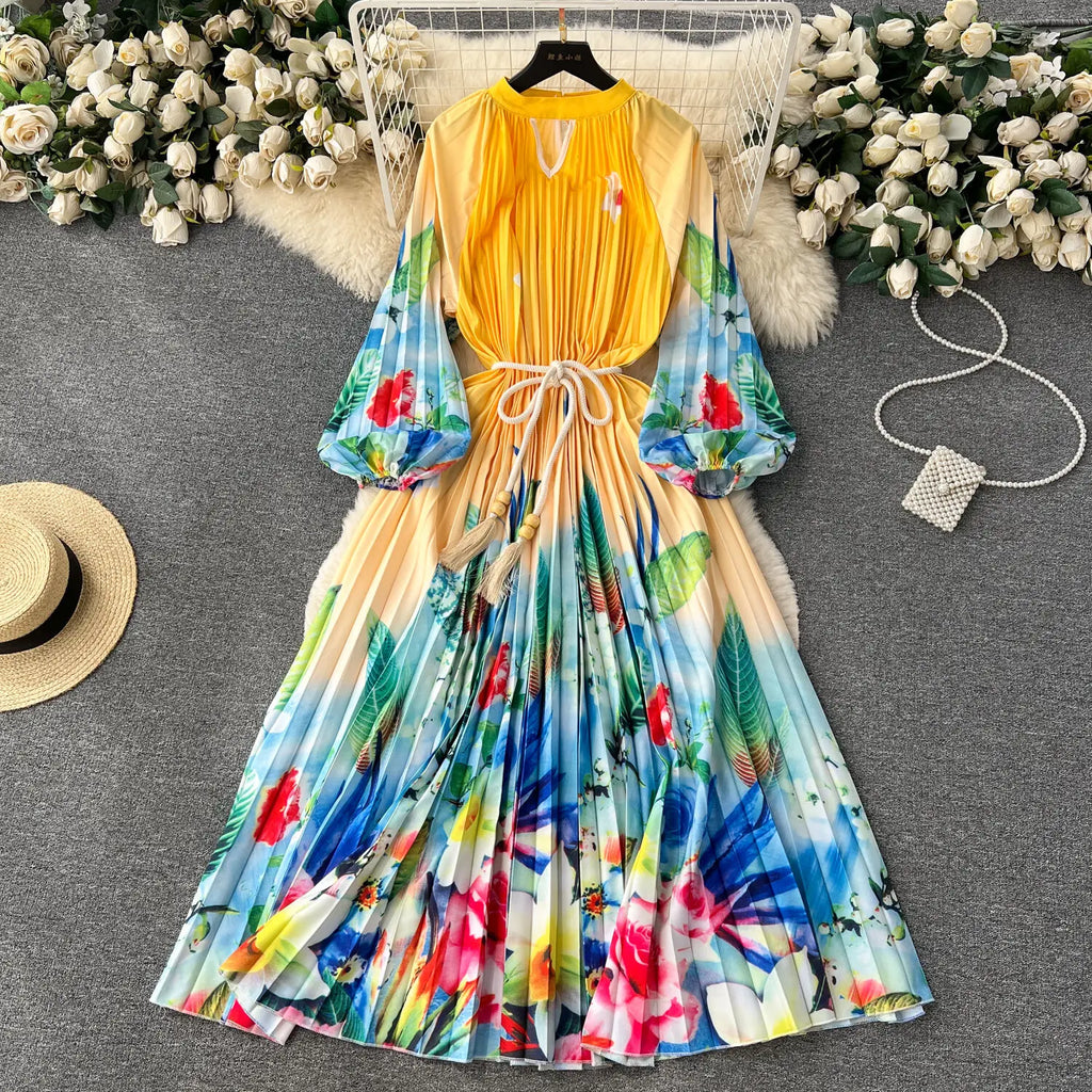 JAMERARY-Robe longue à imprimé floral pour femme, manches longues lanterne, paon de vacances, robe de soirée, robe de soirée, mode éducative, automne