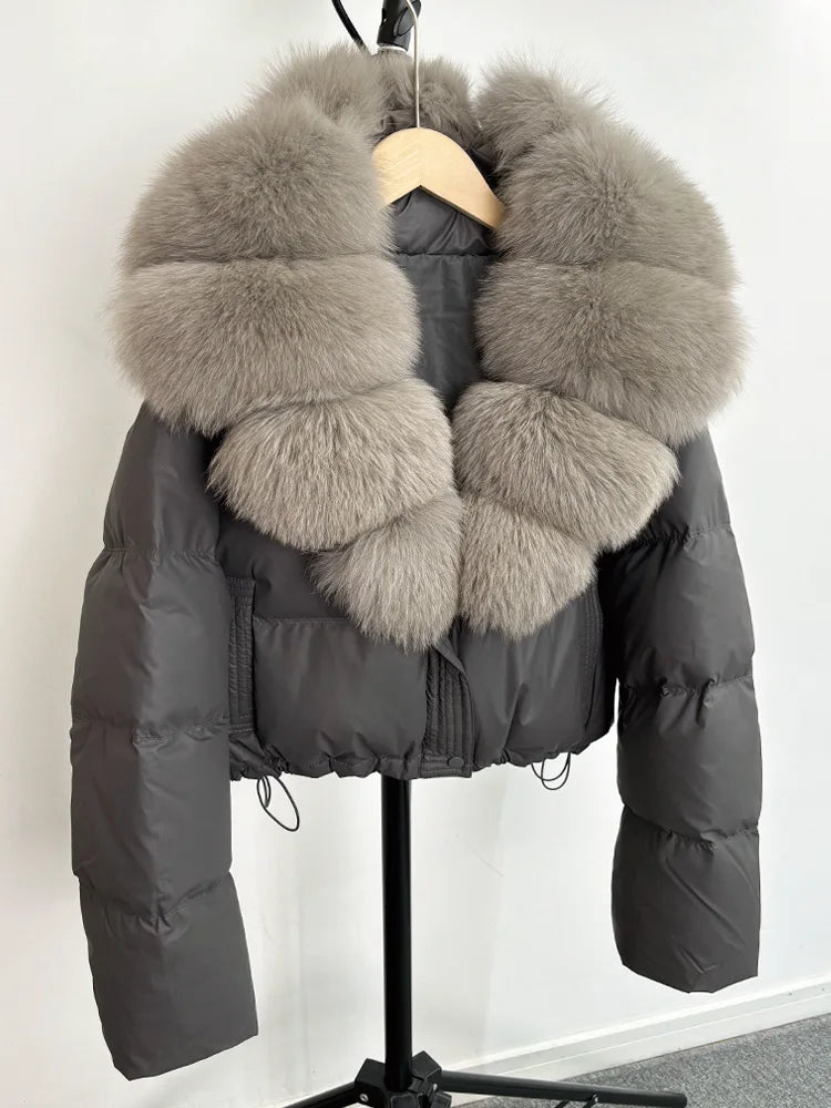 Janveny grand col en fourrure de renard naturel 90% duvet de canard blanc femmes hiver court imperméable PU manteau bouffant femme épais Parkas