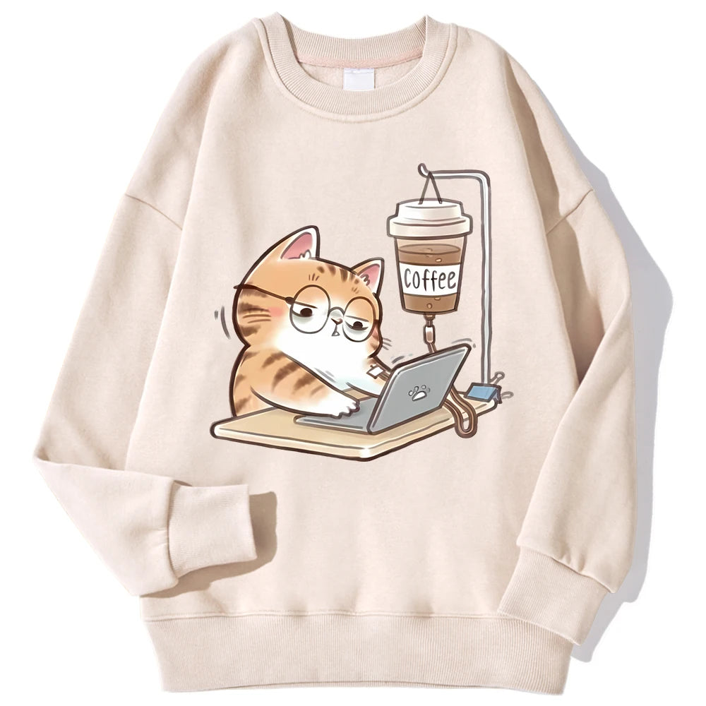 Travailer les chats qui ne peuvent pas faire sans café femmes à capuche ample confortable sweats à capuche Harajuku polaire à capuche mode automne hommes haut