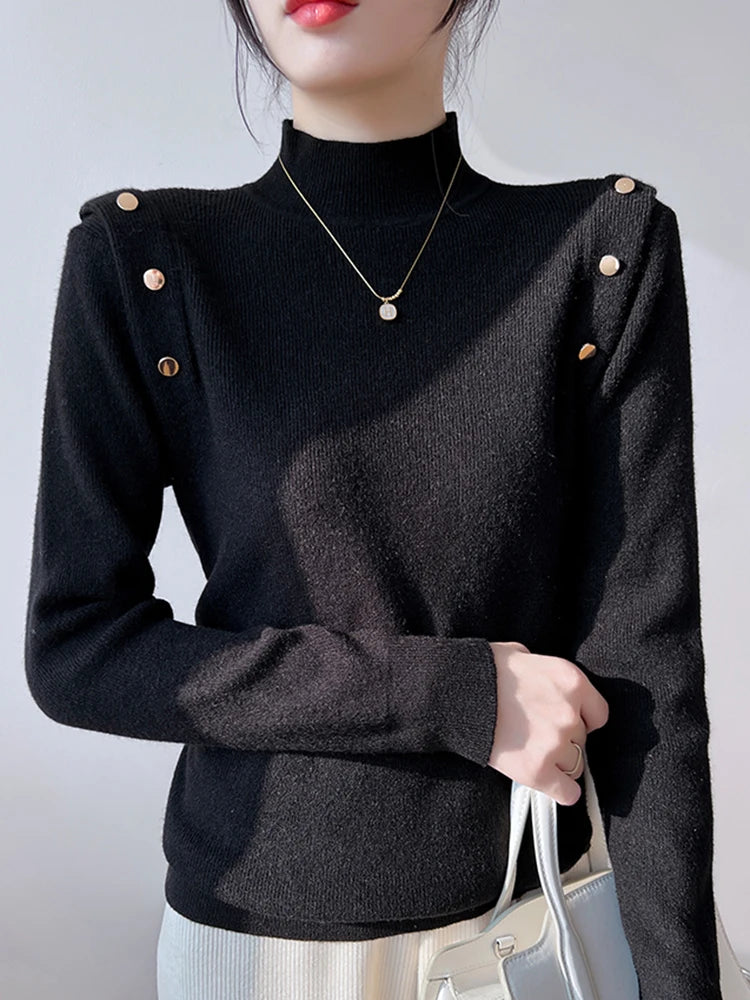 Pull à col roulé à manches longues pour femmes, boutons coréens, pulls minces doux et chauds, tricots féminins, monochromatique, automne, hiver